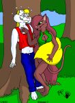  2021 anthro blonde_hair blue_eyes breasts brown_body brown_fur brown_hair cleavage clothed clothing domestic_cat duo felid feline felis female forest fur green_eyes hair kthanid_(artist) male mammal martin_mink midriff mink mustelid musteline navel pink_nose plant rutwell_forest serenakty shirt tank_top topwear tree true_musteline white_body white_fur 