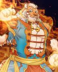  1boy abs animal_ears bara bulge cowboy_shot daisukebear fiery_aura fighting_stance fire furry furry_male highres large_pectorals lin_hu_(nekojishi) looking_at_viewer male_focus mature_male muscular muscular_male navel navel_hair nekojishi orange_fur paid_reward_available pectorals pyrokinesis short_hair solo stomach strongman_waist thick_thighs thighs tiger_boy tiger_ears 