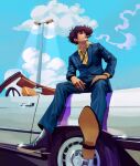  1boy black_hair black_necktie blue_jacket car cigarette clauduranart cloud cloudy_sky cowboy_bebop full_body highres jacket lamppost looking_up motor_vehicle necktie shirt short_hair sitting sitting_on_car sky smoke smoking solo spike_spiegel spiked_hair 