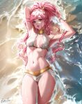  1girl alternate_costume armpits artist_name bikini braid breasts cleavage commentary english_commentary esther_shen fire_emblem fire_emblem_awakening harem_outfit lips long_hair looking_at_viewer lying medium_breasts navel olivia_(fire_emblem) parted_lips partially_submerged pink_eyes pink_hair pink_lips ponytail solo stomach swimsuit twin_braids very_long_hair water wet white_bikini 
