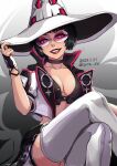  1girl adjusting_clothes adjusting_headwear alternate_color black_choker black_hair boots breasts choker cleavage fingerless_gloves gloves grin guilty_gear guilty_gear_strive hat highres i-no large_breasts looking_at_viewer mole mole_above_mouth pink-tinted_eyewear purple_eyes red_lips short_hair sitting smile sptn_00 sunglasses thigh_boots tinted_eyewear venus_symbol white_footwear white_gloves white_headwear witch_hat 