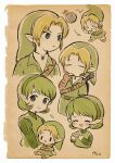  &gt;_&lt; 1boy 1girl ayu_(mog) blonde_hair blue_eyes bomb border closed_eyes dot_mouth earrings explosive frown green_hairband hairband holding holding_instrument instrument jewelry link ocarina pointy_ears saria_(the_legend_of_zelda) signature the_legend_of_zelda the_legend_of_zelda:_ocarina_of_time white_border young_link 