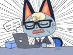  animal_crossing anthro blonde_hair computer digital_media_(artwork) domestic_cat eyewear felid feline felis fur glasses grey_body grey_fur gyukaku_dondon hair laptop mammal nintendo raymond_(animal_crossing) rick_rolled short_hair tissue 