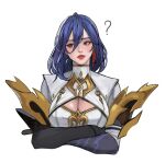  1girl ? absurdres blue_eyes blue_hair breasts cleavage_cutout clothing_cutout cropped_torso crossed_arms genderswap genderswap_(mtf) gold_trim hair_between_eyes highres large_breasts lipstick makeup platin_(seven_knights) seven_knights tteogya upper_body white_background 