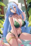  1girl alternate_breast_size alternate_costume anklet azura_(fire_emblem) bare_shoulders bikini breasts bug butterfly butterfly_on_hand camilitrox_cr cleavage commission fire_emblem fire_emblem_fates forest hair_between_eyes highres in_water jewelry large_breasts leaf_bikini long_bangs long_hair looking_at_viewer nature navel necklace parted_lips petals petals_on_liquid sitting solo swimsuit thighlet tree veil very_long_hair wariza white_veil yellow_eyes 