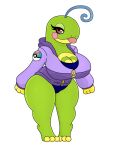  3_fingers anthro big_breasts blue_hair breasts clothing female fingers generation_2_pokemon green_body hair hi_res huge_breasts jacket nintendo pokeball pokemon pokemon_(species) politoed red_eyes simple_background solo swimwear thick_thighs tongue topwear urusee584 white_background zipper 