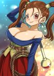  1girl absurdres arm_up bare_shoulders belt blue_shirt breasts brown_belt brown_hair cleavage closed_mouth corset dragon_quest dragon_quest_viii earrings eyelashes highres jessica_albert jewelry large_breasts long_hair long_sleeves muramasa_mikado off-shoulder_shirt off_shoulder official_style red_eyes red_skirt shirt skirt smile solo standing toriyama_akira_(style) twintails whip yellow_corset 