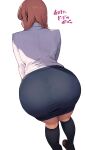  1girl ass collared_shirt from_behind highres kneehighs long_hair office_lady original pencil_skirt pink_hair shirt shoes skirt socks solo sooon translation_request white_background white_shirt 