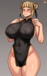  1girl absurdres alternate_costume bare_shoulders blonde_hair boku_no_hero_academia breasts cameltoe china_dress chinese_clothes cleft_of_venus covered_nipples covered_pussy curvy double_bun dress gold_trim groin hair_bun highres huge_breasts jmg legs_together navel no_panties thick_thighs thighs toga_himiko wide_hips yellow_eyes 
