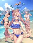  1boy 3girls absurdres ass beach bikini blonde_hair blue_eyes blue_hair breasts genshin_impact highres kaedehara_kazuha kamisato_ayaka l4st_resort long_hair looking_at_viewer medium_breasts midriff multiple_girls navel sangonomiya_kokomi shenhe_(genshin_impact) side-tie_bikini_bottom sky swimsuit thighs white_hair 