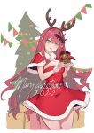  1girl absurdres baobhan_sith_(fate) belt box breasts capelet christmas christmas_tree dress fake_antlers fate/grand_order fate_(series) fur-trimmed_dress fur_trim gift gift_box grey_eyes hairband highres long_hair looking_at_viewer medium_breasts open_mouth pink_hair pointy_ears red_capelet red_dress santa_dress sidelocks smile solo thighs tiara ura_illust 