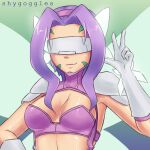  1girl artist_name blue_background bra breasts butterfly_wings cleavage covered_eyes digimon digimon_(creature) fairimon gloves gradient_background green_background highres lewdnobu long_hair mask medium_breasts purple_bra purple_hair solo underwear upper_body white_gloves wings 
