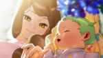  baby brown_eyes brown_hair fei_rune green_hair highres holding_finger inazuma_eleven_(series) inazuma_eleven_go_chrono_stone long_hair mother_and_son motherly nanobana_kinako omisotayan pale_skin short_hair 