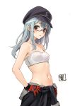  1girl bandeau bare_arms bare_shoulders black_headwear breasts cabbie_hat collarbone commentary_request cowboy_shot glasses gloves grey_eyes grey_hair groin hands_on_own_hips hat hibiki_(kancolle) highres kantai_collection looking_at_viewer matsumae_takumi midriff navel red-framed_eyewear red_gloves simple_background small_breasts solo standing stomach strapless tube_top white_background 