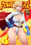  1girl artist_name belt blue_eyes blue_gloves breasts butcha-u cape character_name cleavage cleavage_cutout clothing_cutout copyright_name cover cowboy_shot dc_comics english_commentary fake_cover gloves hand_on_own_hip highleg highleg_leotard highres large_breasts leotard looking_at_viewer loose_belt mole mole_under_mouth power_girl red_cape short_hair signature solo superhero superman_(series) white_leotard 