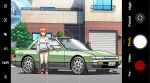  1girl black_skirt black_socks breasts car fake_screenshot green_eyes highres initial_d long_sleeves medium_breasts motor_vehicle nissan nissan_s13_silvia nissan_silvia noerartworks orange_hair original pleated_skirt red_footwear shoes short_hair skirt sleeves_past_wrists smile sneakers socks solo vehicle_focus 