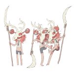  3boys 999knight animal_skull antlers arm_at_side bare_arms bare_legs bare_shoulders barefoot black_necktie black_shorts brothers clenched_teeth collared_shirt commentary_request covered_eyes double_bun extra_eyes fighting flying_sweatdrops hair_bun hair_over_eyes hair_through_headwear holding holding_polearm holding_weapon kicking male_focus medium_hair midriff multiple_boys navel necktie outstretched_arms park_ssi-yu_daegi polearm red_hair shirt shorts siblings sleeveless sleeveless_shirt soles standing standing_on_one_leg sweat teeth weapon weapon_request 