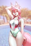  2:3 5_fingers absurd_res anthro brand_new_animal canid canine canis clothing fingers fur hand_behind_head hi_res inner_ear_fluff looking_at_viewer mammal mykegreywolf nazuna_hiwatashi netflix one-piece_swimsuit open_mouth outside studio_trigger swimwear tuft wolf 