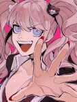  1girl :d bear_hair_ornament black_bra black_shirt blue_eyes bra breasts cleavage collarbone danganronpa:_trigger_happy_havoc danganronpa_(series) enoshima_junko hair_ornament hand_up highres large_breasts long_hair looking_at_viewer nail_polish pink_background red_nails shirt simple_background smile solo swept_bangs tongue twintails underwear upper_body wanijima 