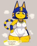  2023 animal_crossing ankha_(animal_crossing) anthro artist_name black_eyes blue_body blue_ears blue_fur blue_hair bodily_fluids bottomless breasts clothed clothing dialogue digital_media_(artwork) domestic_cat dress dripping egyptian english_text felid feline felis female fingers front_view fur genital_fluids genitals hair hand_on_hip headdress hi_res jewelry jose_bonn looking_at_viewer mammal markings multicolored_body multicolored_fur multicolored_tail navel necklace nintendo nipple_outline pupils pussy pussy_juice pussy_juice_drip pussy_juice_string simple_background solo speech_bubble standing steam striped_markings striped_tail stripes sweat tail tail_markings text thick_thighs thigh_gap tight_clothing tight_dress topwear uraeus white_clothing white_dress white_pupils white_topwear wide_hips yellow_body yellow_fur yellow_inner_ear 