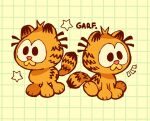  animal_focus black_eyes cat character_name commentary english_commentary garfield garfield_(character) grid_background multiple_views no_humans notice_lines orange_cat simple_background sitting star_(symbol) tail the_noodle_(onebadnoodle) yellow_background 