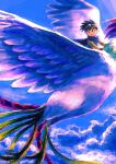 1boy 1other armor bird black_hair blue_hair cape circlet cloud cloudy_sky dragon_quest dragon_quest_iii flying head_out_of_frame hero_(dq3) highres long_hair looking_afar moyapippi open_mouth out_of_frame purple_sky ramia_(dq3) riding scenery sky smile 