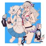  2boys 4girls alternate_costume ascot bare_shoulders bikini bikini_skirt black_bow black_dress black_hairband black_shirt blue_background blue_dress blue_hair blush border bow braid braided_ponytail brown_eyes closed_eyes corrin_(female)_(fire_emblem) corrin_(female)_(summer)_(fire_emblem) corrin_(fire_emblem) do_m_kaeru dress felicia_(fire_emblem) fire_emblem fire_emblem_fates fire_emblem_heroes flora_(fire_emblem) flower flower_necklace forehead_jewel gradient_hair grey_hair gunter_(fire_emblem) hair_between_eyes hair_bow hair_flower hair_ornament hairband hat holding holding_tray jakob_(fire_emblem) lilith_(fire_emblem) long_hair looking_at_another maid multicolored_hair multiple_boys multiple_girls navel official_alternate_costume open_mouth outside_border pink_flower pink_hair pointy_ears ponytail profile purple_eyes purple_flower purple_hair red_eyes red_hair shirt siblings signature simple_background sisters skirt smile stomach strapless strapless_dress swimsuit thigh_strap tray twins twintails two-tone_hair white_ascot white_bikini white_border white_bow white_headwear white_skirt 
