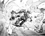  explosion firing greyscale gun highres holding holding_gun holding_weapon ishiyumi mecha missile_pod monochrome no_humans original robot science_fiction weapon 