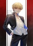  1boy absurdres artist_name black_jacket black_pants blonde_hair casual collarbone collared_shirt cowboy_shot fate/stay_night fate/zero fate_(series) gilgamesh_(fate) hands_in_pockets highres ichimichi_111 jacket looking_at_viewer male_focus open_clothes open_jacket pants red_background red_eyes shirt short_hair smile solo two-tone_background white_background white_shirt 