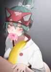  1boy 1girl absurdres banana bechu blush bow brown_eyes censored commentary_request cum cum_on_food doughnut facial_mark food fox_mask fruit gradient_background green_hair grey_background hair_between_eyes hair_bow half_mask hetero highres japanese_clothes kimono kiriko_(overwatch) korean_commentary looking_at_viewer male_pubic_hair mask novelty_censor out_of_frame overwatch overwatch_2 penis pubic_hair sidelocks tearing_up topknot upper_body white_bow white_kimono 