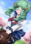  absurdres alternate_universe bag cherry_blossoms contemporary fire_emblem fire_emblem:_three_houses fish flayn_(fire_emblem) green_eyes green_hair hair_ornament hairclip highres mothman1930 non-web_source school_bag school_uniform self-upload 