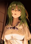  1girl breast_pocket breasts buttons collared_shirt from_below frown green_eyes green_hair hair_ribbon highres higurashi_no_naku_koro_ni large_breasts looking_at_viewer mac_naut night open_mouth parted_bangs pocket ribbon shaded_face shirt short_sleeves solo sonozaki_shion teeth white_shirt yellow_ribbon 