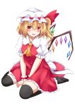  1girl ascot back_bow between_legs black_thighhighs blonde_hair blush bow breasts collared_shirt crystal flandre_scarlet frilled_shirt_collar frilled_skirt frilled_sleeves frills full_body hair_between_eyes hand_between_legs hat hat_ribbon highres large_bow looking_at_viewer medium_hair multicolored_wings no_shoes one_side_up open_mouth puffy_short_sleeves puffy_sleeves red_eyes red_ribbon red_skirt red_vest ribbon shirt short_sleeves simple_background sitting skirt skirt_set small_breasts solo teeth thighhighs touhou upper_teeth_only v_arms vest wariza white_background white_bow white_headwear white_shirt wings wrist_cuffs yellow_ascot yuki_(snowmaiden) 