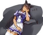  1girl absurdres animal_ears bean_bag_chair bow breasts closed_eyes closed_mouth commentary_request dark-skinned_female dark_skin drooling earrings hair_between_eyes highres horse_ears horse_girl jewelry large_breasts long_hair motsunabe_(mo2nap3) petticoat pleated_skirt puffy_short_sleeves puffy_sleeves purple_bow purple_shirt sailor_collar shirt short_sleeves simple_background single_earring skirt sleeping solo summer_uniform symboli_kris_s_(umamusume) thighhighs umamusume very_long_hair white_background white_shirt white_skirt white_thighhighs zzz 