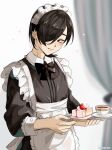  1boy absurdres alternate_costume apron bishounen black_hair blurry blurry_background blush bow cake crossdressing cup enmaided food hair_over_one_eye highres holding holding_tray kurosu_jun looking_to_the_side maid maid_apron maid_headdress male_focus persona persona_2 red_eyes risuko.exe_(artist) short_hair smile solo sparkle strawberry_shortcake tea teacup tray 