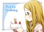  1girl blonde_hair blue_background blush brown_eyes cake cake_slice character_request closed_mouth food from_side fruit happy_birthday highres holding holding_plate idolmaster long_hair long_sleeves parted_bangs pink_shirt plate polka_dot polka_dot_background profile shirt smile solo strawberry two-tone_background white_background yukie_(kusaka_shi) 