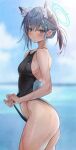 1girl animal_ear_fluff animal_ears bare_shoulders black_one-piece_swimsuit blue_archive blue_eyes blue_halo blue_one-piece_swimsuit blush breasts clothes_pull competition_swimsuit conconcon1031 cross cross_hair_ornament extra_ears from_side grey_hair hair_ornament halo highleg highleg_swimsuit highres inverted_cross looking_at_viewer medium_hair mismatched_pupils multicolored_clothes multicolored_swimsuit official_alternate_costume one-piece_swimsuit one-piece_swimsuit_pull parted_lips ponytail pulled_by_self shiroko_(blue_archive) shiroko_(swimsuit)_(blue_archive) solo standing swimsuit two-tone_swimsuit wet wet_clothes wet_swimsuit wolf_ears 