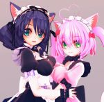  3d_(artwork) animal_humanoid black_hair blue_eyes blush bow_ribbon bracelet breasts cat_humanoid clothing cyan_hijirikawa digital_media_(artwork) domestic_cat dress duo felid felid_humanoid feline feline_humanoid felis female green_eyes hair hi_res humanoid jewelry long_hair maid_headdress maid_uniform mammal mammal_humanoid open_mouth pink_hair rosia_(show_by_rock!!) sanrio short_hair show_by_rock!! simple_background uniform yasuki414 