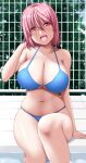  1girl bare_arms bare_legs bare_shoulders bikini blue_bikini blush breasts cleavage collarbone feet_out_of_frame hair_between_eyes highres large_breasts looking_at_viewer navel nori_tamago open_mouth pink_hair red_eyes saigyouji_yuyuko short_hair sitting smile solo swimsuit touhou 