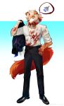  absurd_res anthro arknights arm_tattoo blazer blood blood_on_clothing bodily_fluids bottomwear canid canine canis clothing domestic_dog freegutchang69 fur hair hi_res horn hung_(arknights) hypergryph male mammal orange_hair orange_tail pants shirt solo studio_montagne tail tan_body tan_fur tattoo topwear white_body white_fur white_hair yellow_eyes 