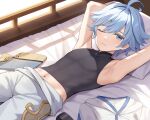  1boy ahoge armpit_crease armpits bishounen black_bodysuit blue_eyes blue_hair bodysuit chinese_clothes chongyun_(genshin_impact) commentary_request cowboy_shot genshin_impact highres iroiro_0w0 lying male_focus navel on_back on_bed one_eye_closed short_hair solo 