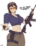  1girl 4ces abs assault_rifle atf baseball_cap belt brown_hair collared_shirt english_text fingerless_gloves gloves gun handgun hat headset highres m4_carbine midriff muscular muscular_female orange_eyes original rifle safety_glasses shirt short_hair sleeves_rolled_up solo weapon white_background 