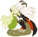  1girl 2girls ^_^ black_cape blush cape closed_eyes demon demon_girl demon_horns demon_wings dress flower formal funamusea fur_trim green_hair haiiro_teien hair_between_eyes hair_ornament hand_on_another&#039;s_hand happy horns kissing_hair lamia long_hair long_sleeves mogeko_(okegom) monster_girl multiple_girls pale_skin reficul_(haiiro_teien) shirt sin_(haiiro_teien) skirt smile snake_tail suit tail very_long_hair vest white_hair wife_and_wife wings yuri 