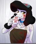  amber_eyes anthro apron biped black_hair black_nose blood blood_on_apron blood_on_body blood_on_breasts blood_on_clothing blood_on_face blue_collar bodily_fluids breasts bust_portrait canid canine canis cleavage clothed clothing collar collar_tag digital_media_(artwork) domestic_dog eyewear eyewear_on_head female fur goggles goggles_on_head hair hi_res holding_mug holding_object mammal mug poodle portrait princess_(nicoya) shaded solo text_on_mug white_body white_fur zyira 