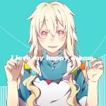  1girl apron aqua_background blonde_hair blue_dress blush dress english_text hair_between_eyes highres holding kagerou_project kozakura_marry long_hair looking_at_viewer open_mouth pink_eyes short_sleeves simple_background solo sumoffu upper_body very_long_hair white_apron 