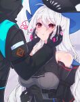  1girl 1other arknights ascot bare_shoulders black_ascot black_coat black_gloves black_headwear breasts coat doctor_(arknights) gloves hands_on_another&#039;s_cheeks hands_on_another&#039;s_face hat highres long_hair medium_breasts skadi_(arknights) tsume3mai upper_body very_long_hair white_hair 