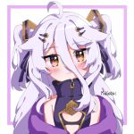  1girl :3 ahoge black_bra blush bra breasts cleavage_cutout clothing_cutout cube dress gradient_hair grey_hair hair_between_eyes hair_ornament hair_ribbon hairpin henya_the_genius highres jacket kantarime long_bangs long_hair looking_at_viewer multicolored_hair purple_dress purple_hair purple_jacket purple_ribbon ribbon sidelocks sleeveless sleeveless_dress small_breasts smile solo two_side_up underwear virtual_youtuber vshojo yellow_eyes zipper_pull_tab 