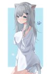  1girl animal_ears blue_eyes cat_ears cat_girl cat_tail expressionless grey_hair highres indie_virtual_youtuber long_hair long_sleeves looking_at_viewer nachoneko off_shoulder open_clothes open_shirt parted_lips shinshia_(sinsia_0928) shirt short_shorts shorts sleeves_past_fingers sleeves_past_wrists tail virtual_youtuber white_shirt white_shorts 