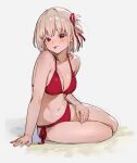  1girl :p arm_support bare_legs bare_shoulders bikini blonde_hair blush breasts cleavage collarbone full_body hair_ribbon highres large_breasts lycoris_recoil navel nishikigi_chisato red_bikini red_eyes ribbon short_hair side-tie_bikini_bottom simple_background sitting smile solo sooon stomach swimsuit tongue tongue_out white_background yokozuwari 