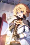  1girl black_cape black_gloves black_pants blonde_hair blue_eyes cape character_request copyright_request gloves highres jacket long_sleeves open_mouth pants short_hair solo teeth tongue ugwa white_jacket 